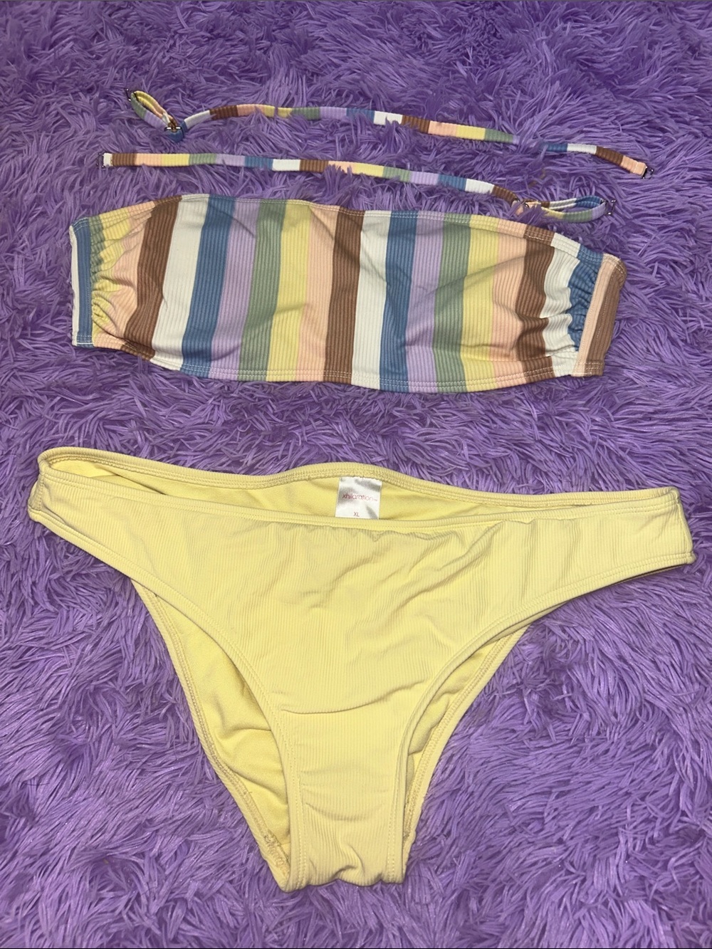 Xhilaration Pastel Multi-Stripe Bandeau Bikini Top with Yellow Bikini Bottom